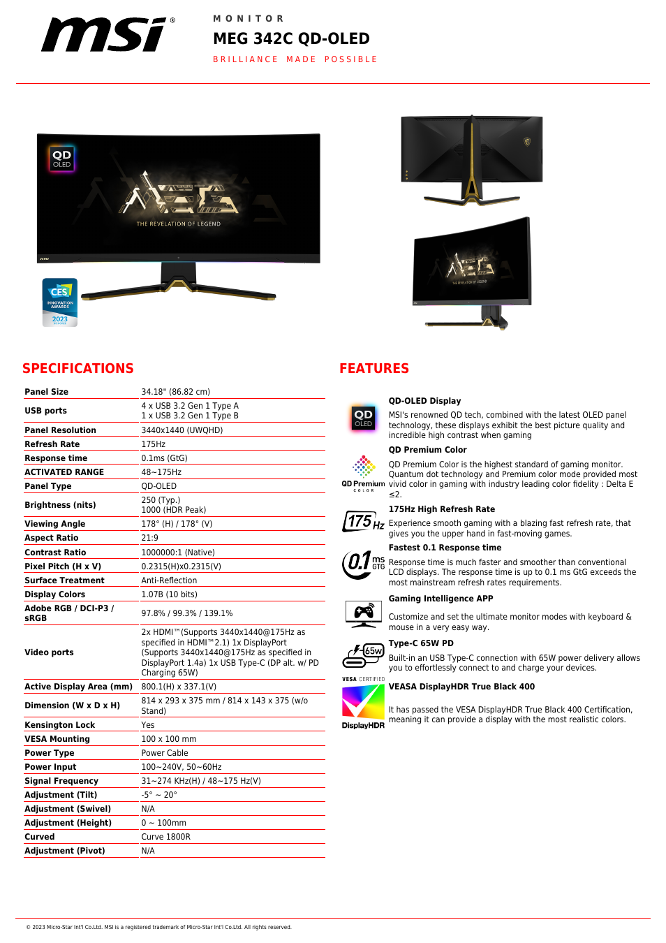MSI MEG 342C QD-OLED 34.18" 1440p HDR 175 Hz Ultrawide Curved Gaming Monitor (Black / Gold) User Manual | 2 pages