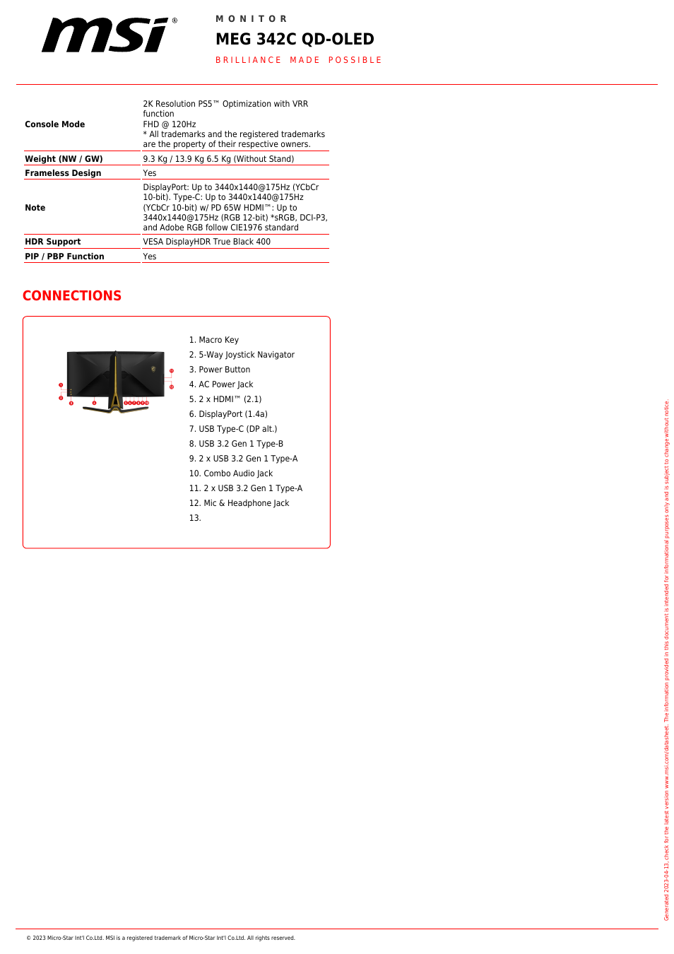 Meg 342c qd-oled, Connections | MSI MEG 342C QD-OLED 34.18" 1440p HDR 175 Hz Ultrawide Curved Gaming Monitor (Black / Gold) User Manual | Page 2 / 2