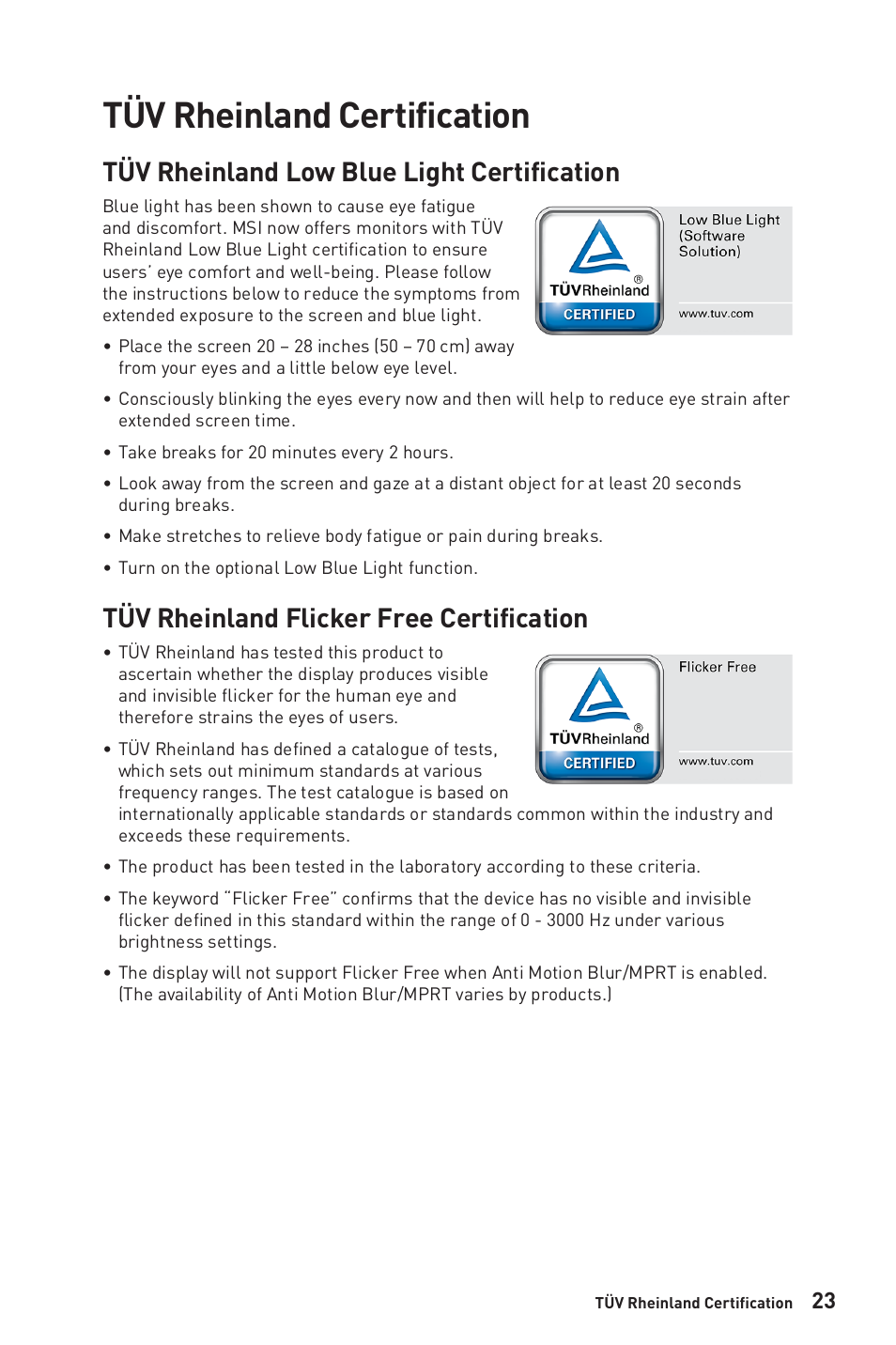 Tüv rheinland certification, Tüv rheinland low blue light certification, Tüv rheinland flicker free certification | MSI G321CUV 31.5" 4K HDR Curved Gaming Monitor User Manual | Page 23 / 26