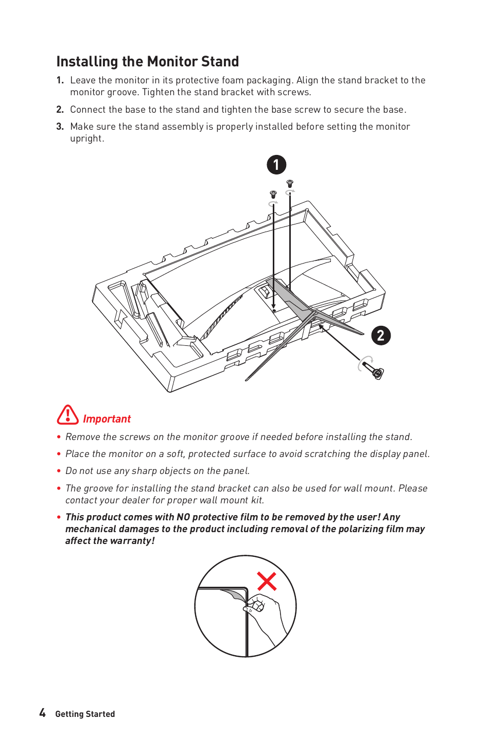 Installing the monitor stand | MSI G321CUV 31.5" 4K HDR Curved Gaming Monitor User Manual | Page 4 / 26