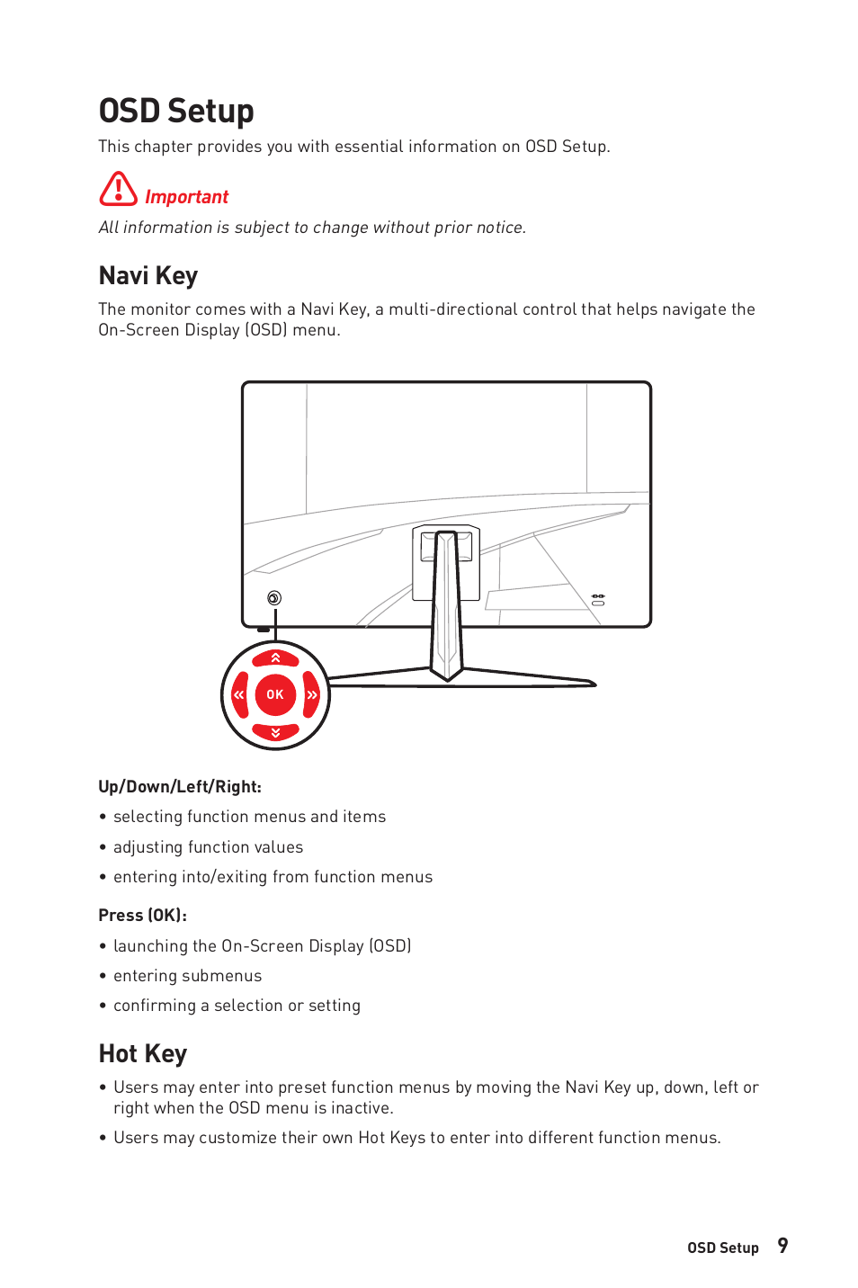 Osd setup, Navi key, Hot key | Navi key hot key | MSI G321CUV 31.5" 4K HDR Curved Gaming Monitor User Manual | Page 9 / 26