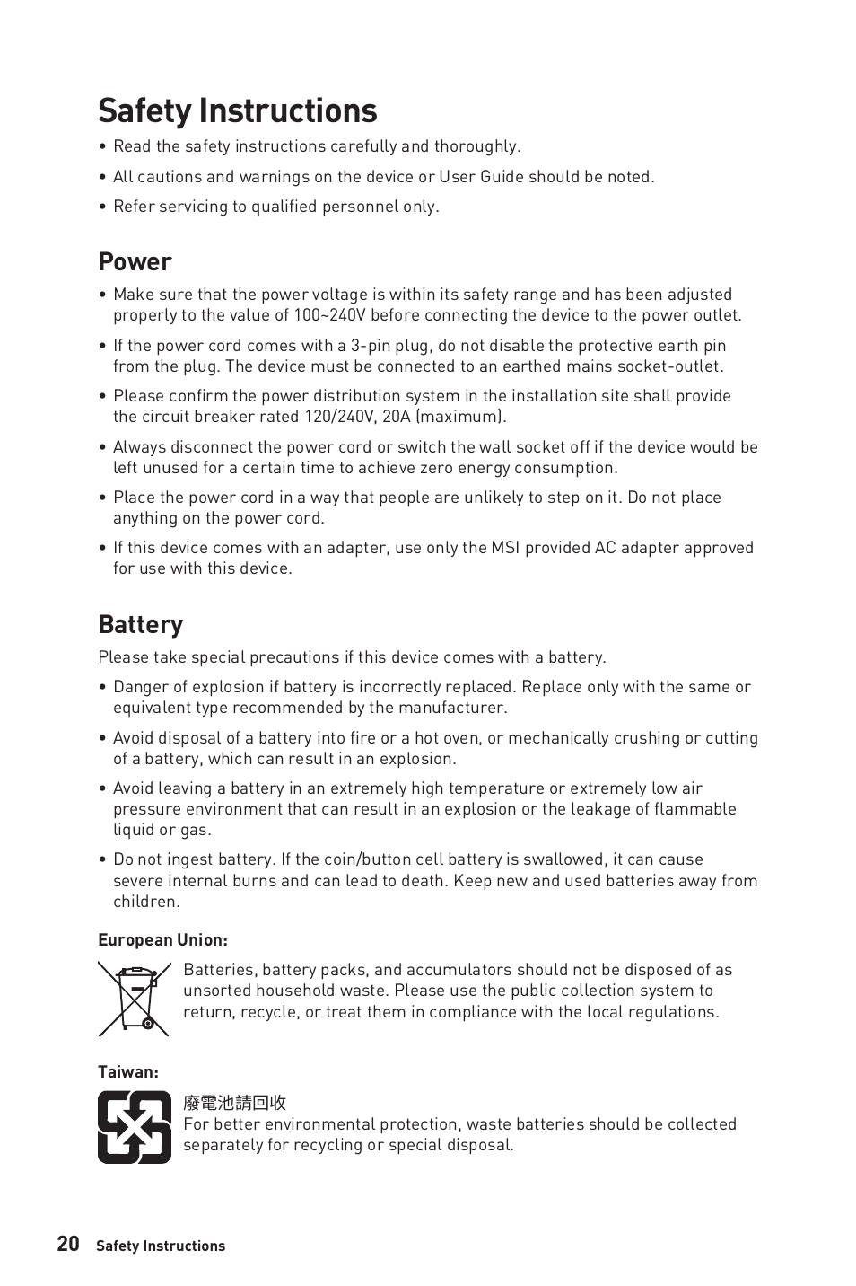 Safety instructions, Power, Battery | MSI MEG381CQR PLUS 37.5" 21:9 175 Hz Curved IPS Gaming Monitor User Manual | Page 20 / 25