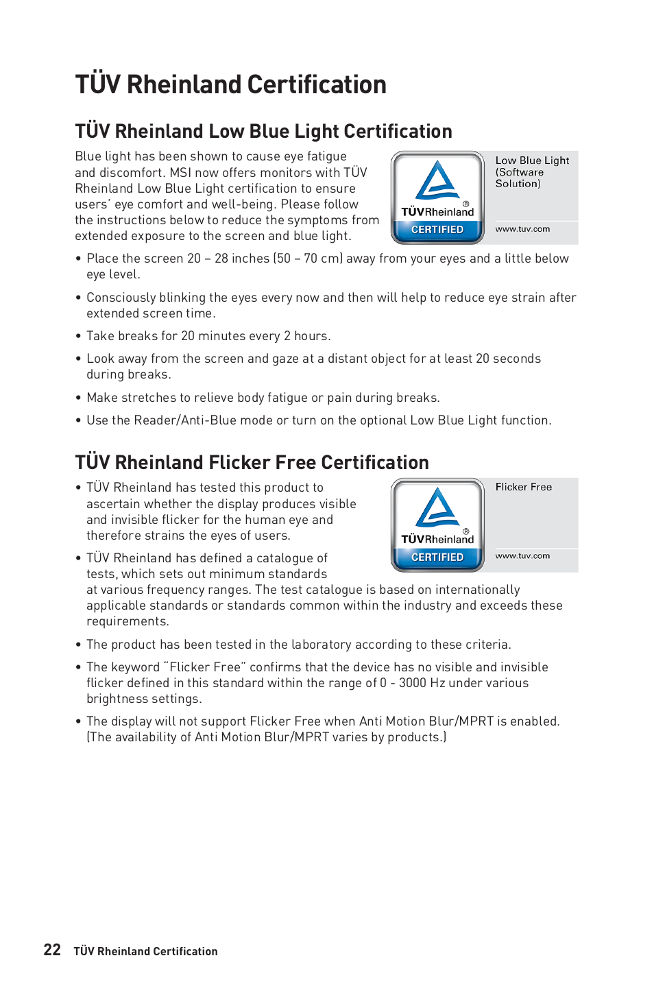 Tüv rheinland certification, Tüv rheinland low blue light certification, Tüv rheinland flicker free certification | MSI MEG381CQR PLUS 37.5" 21:9 175 Hz Curved IPS Gaming Monitor User Manual | Page 22 / 25