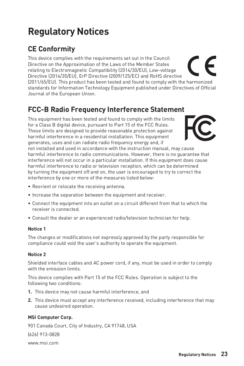 Regulatory notices, Ce conformity, Fcc-b radio frequency interference statement | MSI MEG381CQR PLUS 37.5" 21:9 175 Hz Curved IPS Gaming Monitor User Manual | Page 23 / 25