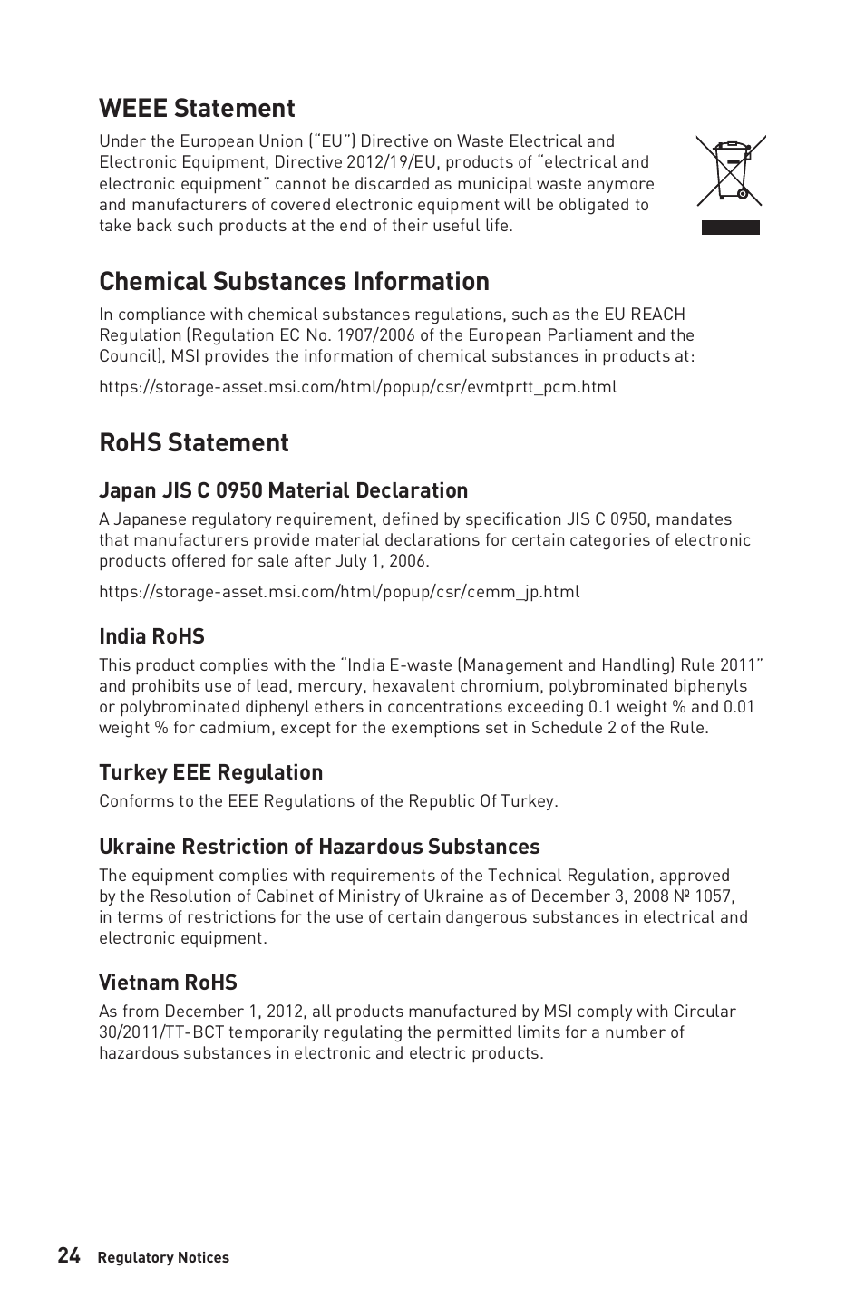 Weee statement, Chemical substances information, Rohs statement | MSI MEG381CQR PLUS 37.5" 21:9 175 Hz Curved IPS Gaming Monitor User Manual | Page 24 / 25