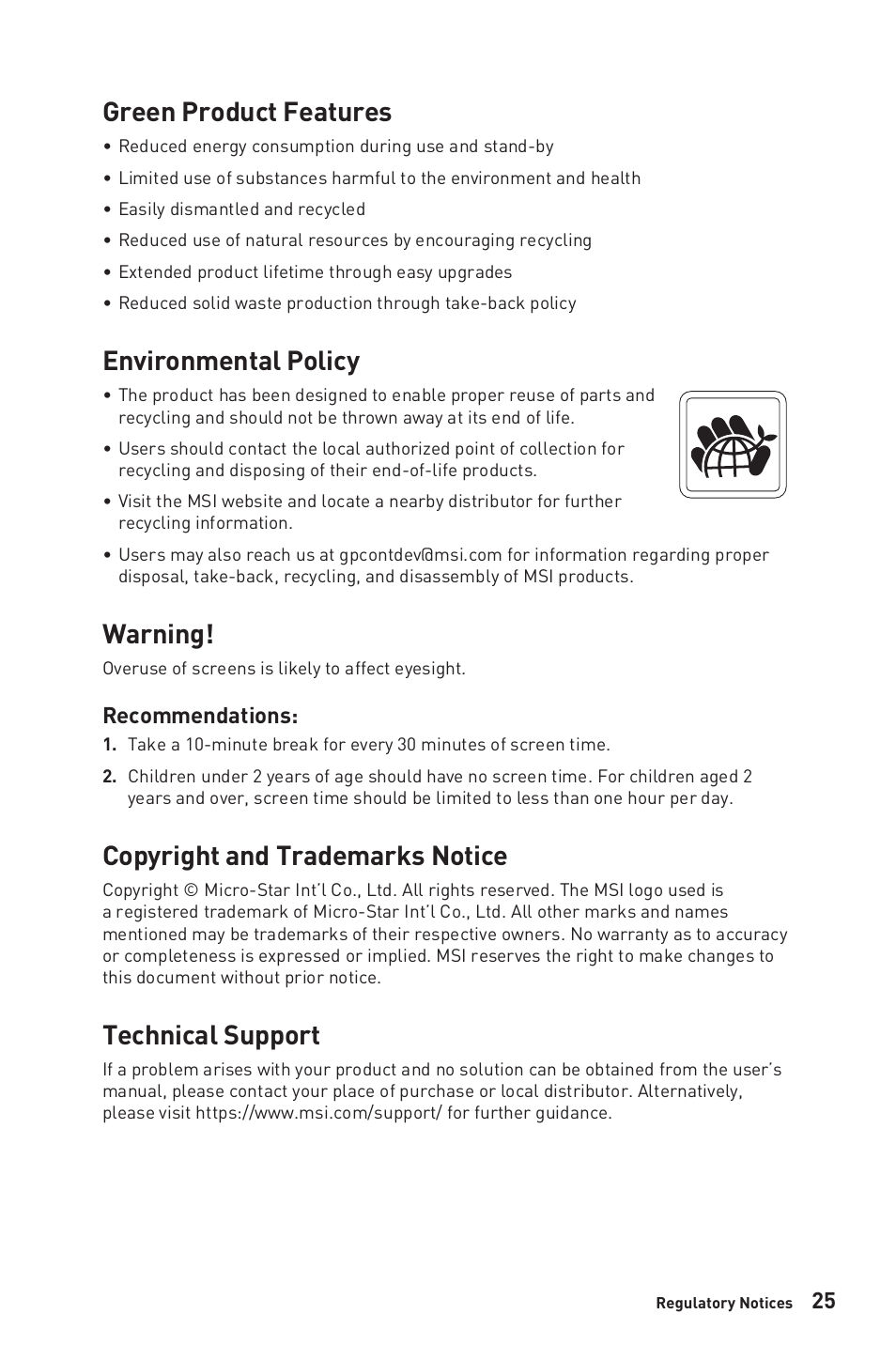 Green product features, Environmental policy, Warning | Copyright and trademarks notice, Technical support, Recommendations | MSI MEG381CQR PLUS 37.5" 21:9 175 Hz Curved IPS Gaming Monitor User Manual | Page 25 / 25