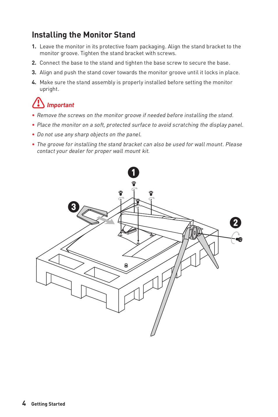 Installing the monitor stand | MSI MEG381CQR PLUS 37.5" 21:9 175 Hz Curved IPS Gaming Monitor User Manual | Page 4 / 25