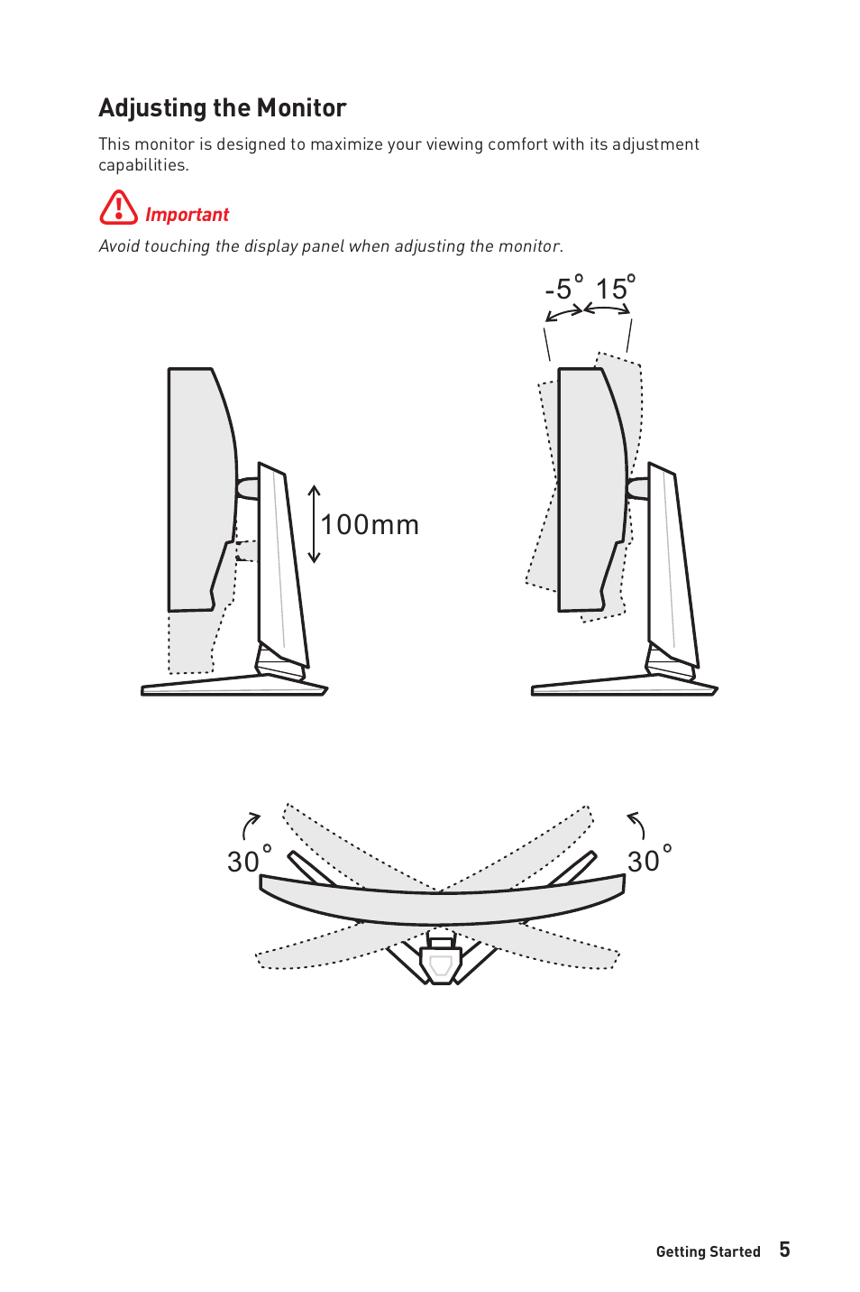 Adjusting the monitor | MSI MEG381CQR PLUS 37.5" 21:9 175 Hz Curved IPS Gaming Monitor User Manual | Page 5 / 25