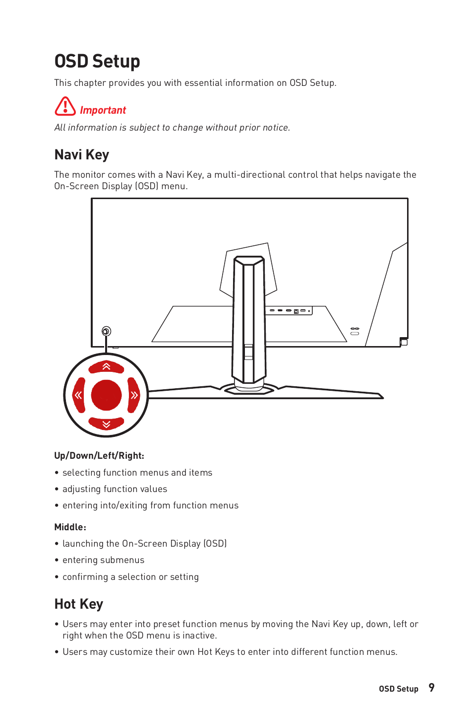 Osd setup, Navi key, Hot key | Navi key hot key | MSI MEG381CQR PLUS 37.5" 21:9 175 Hz Curved IPS Gaming Monitor User Manual | Page 9 / 25