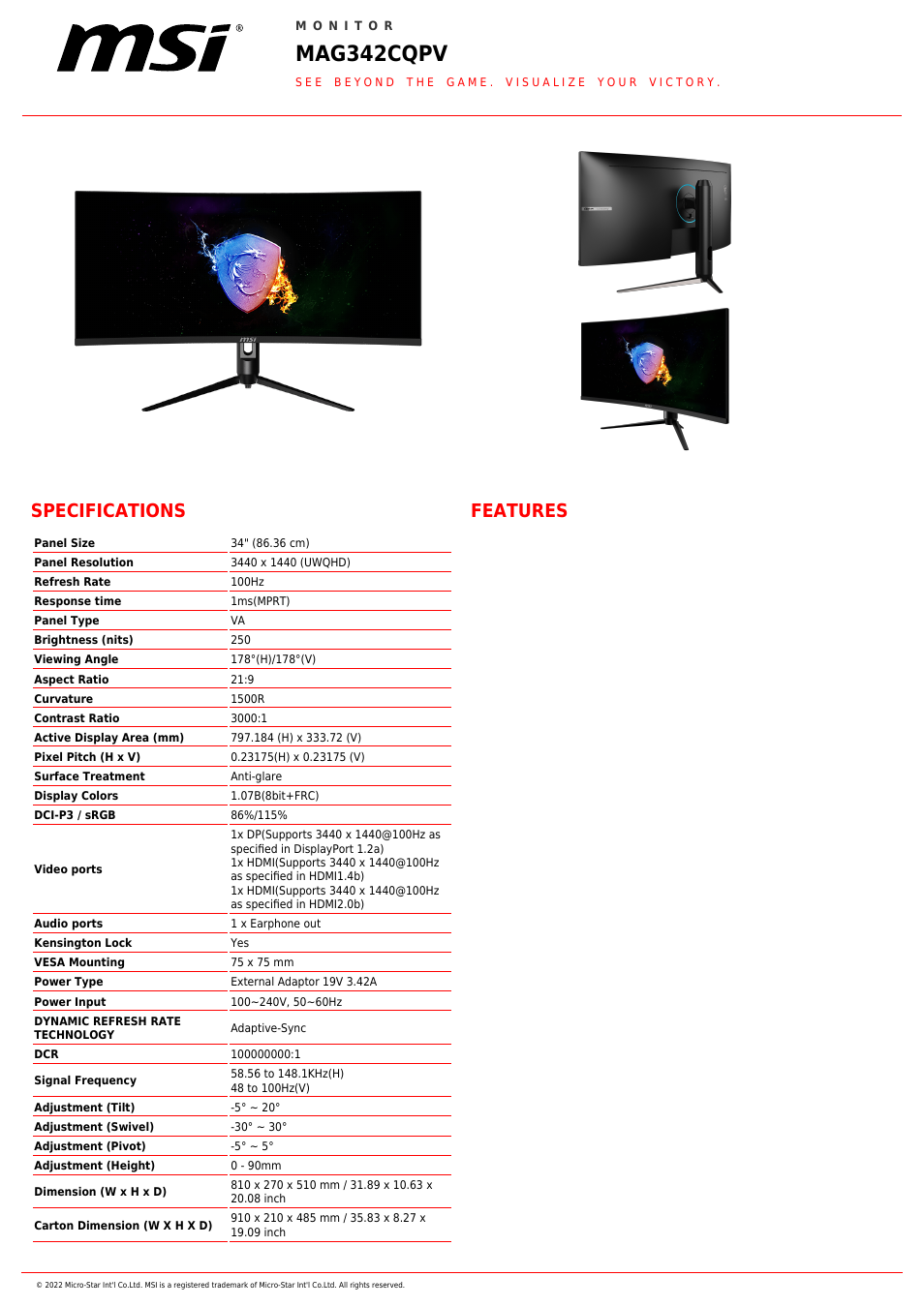 MSI Optix MAG342CQPV 34" 1440p 100 Hz Curved Ultrawide Gaming Monitor User Manual | 2 pages