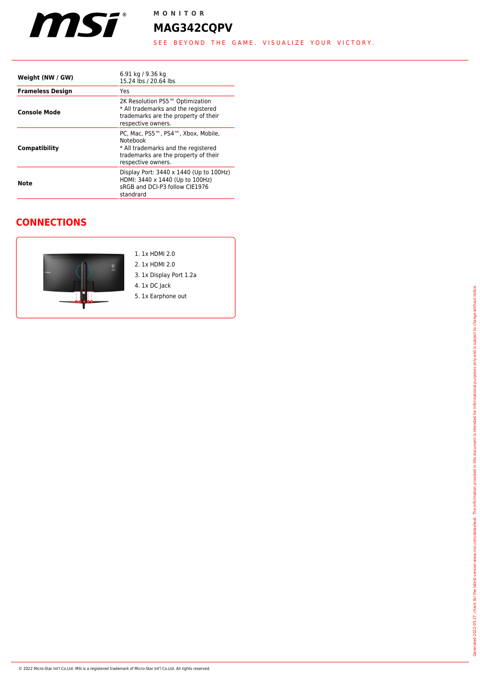 Mag342cqpv, Connections | MSI Optix MAG342CQPV 34" 1440p 100 Hz Curved Ultrawide Gaming Monitor User Manual | Page 2 / 2