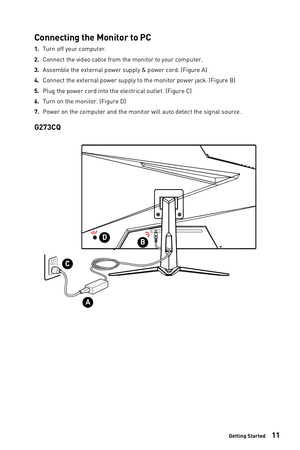 Connecting the monitor to pc | MSI G273CQ 27" 1440p 170 Hz Curved Gaming Monitor User Manual | Page 11 / 34