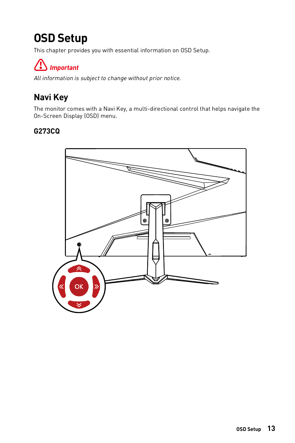 Osd setup, Navi key | MSI G273CQ 27" 1440p 170 Hz Curved Gaming Monitor User Manual | Page 13 / 34