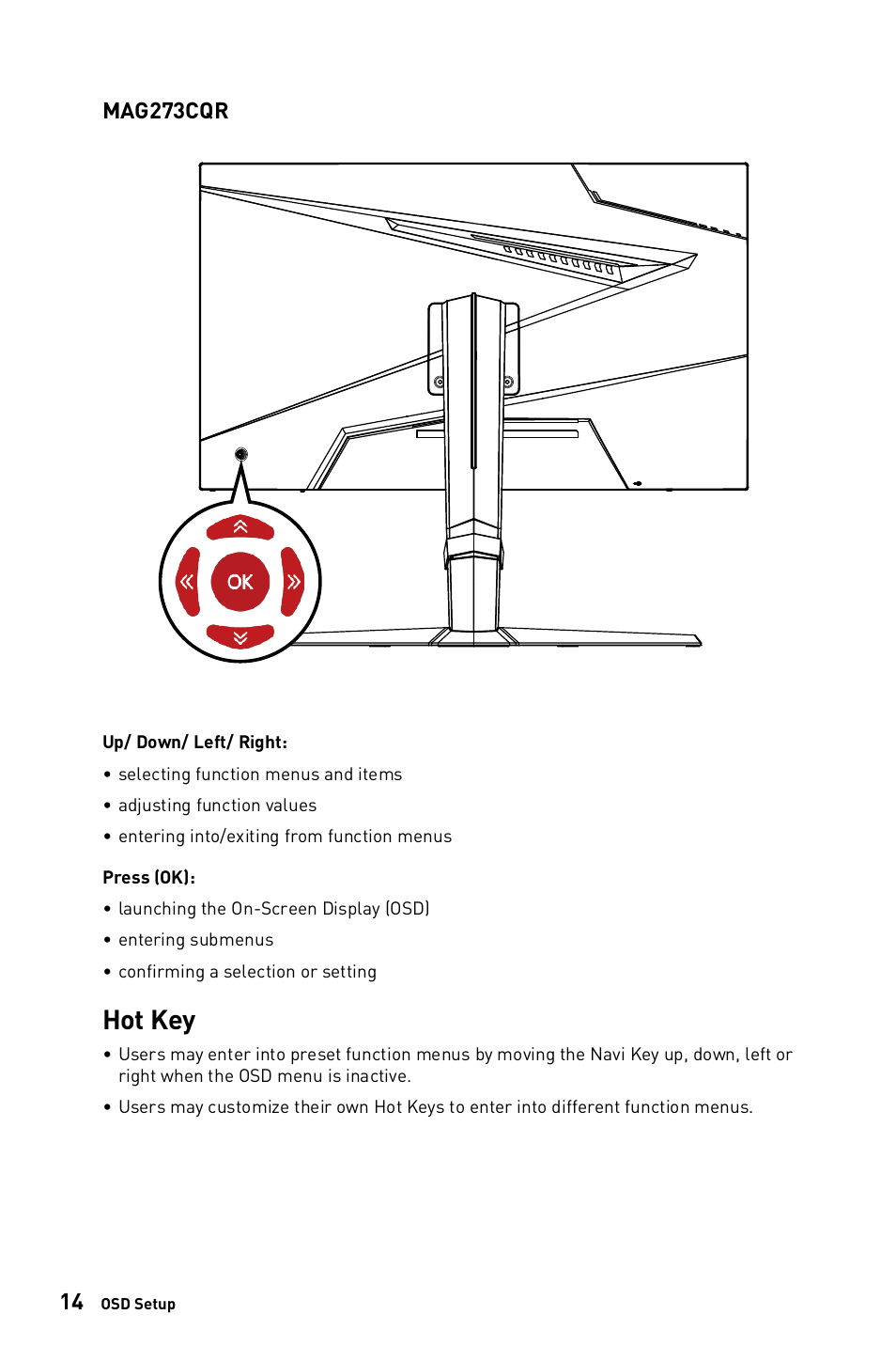 Hot key, Mag273cqr | MSI G273CQ 27" 1440p 170 Hz Curved Gaming Monitor User Manual | Page 14 / 34