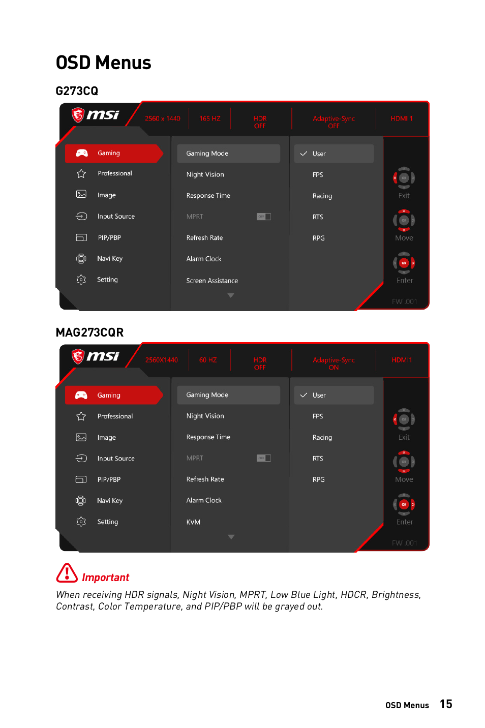 Osd menus | MSI G273CQ 27" 1440p 170 Hz Curved Gaming Monitor User Manual | Page 15 / 34
