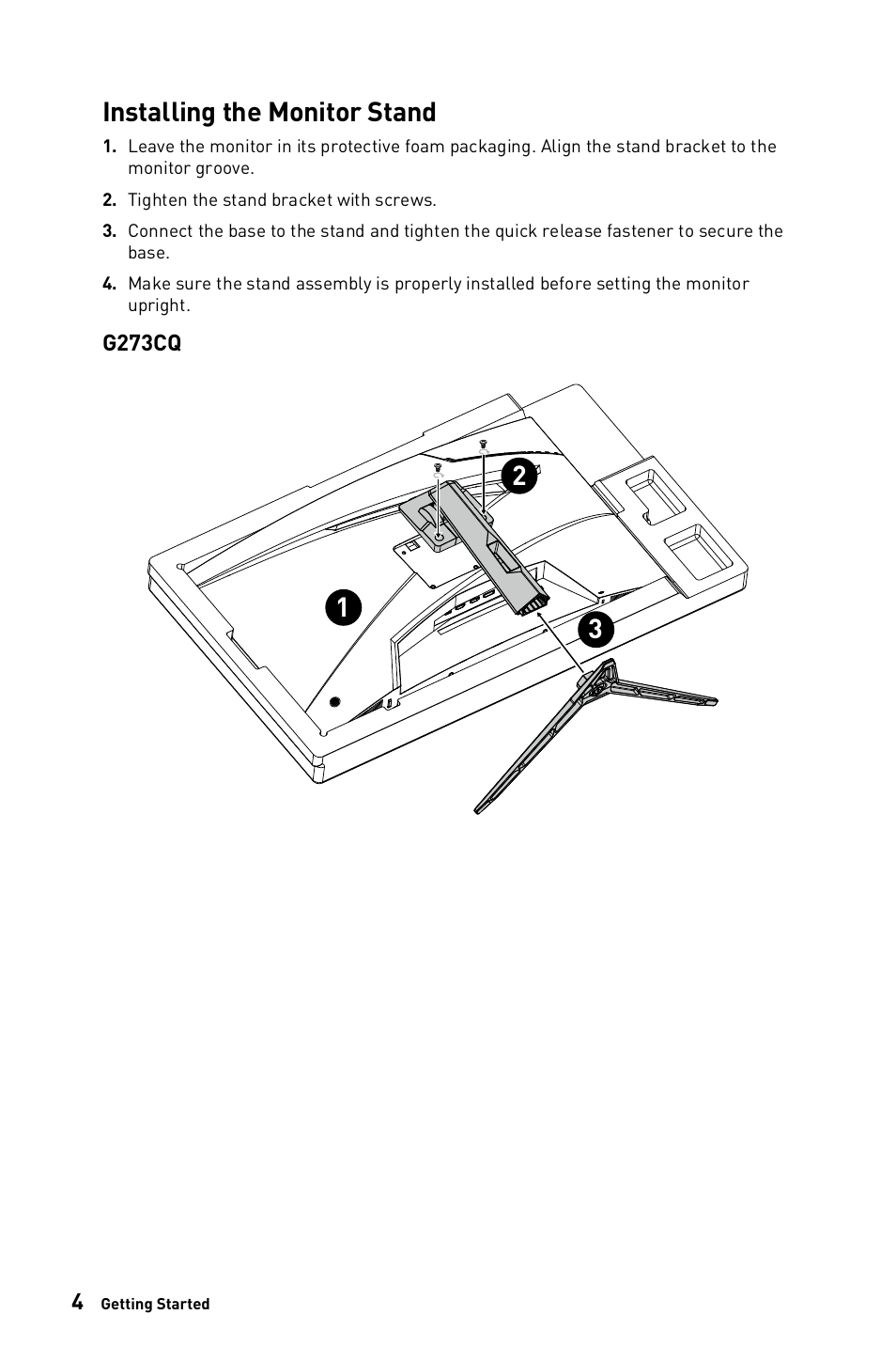 Installing the monitor stand | MSI G273CQ 27" 1440p 170 Hz Curved Gaming Monitor User Manual | Page 4 / 34
