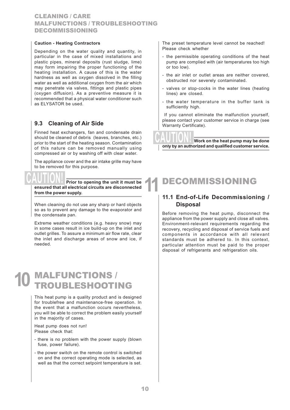 Caution, Malfunctions / troubleshooting, Decommissioning | Dimplex LA 16TR User Manual | Page 10 / 36
