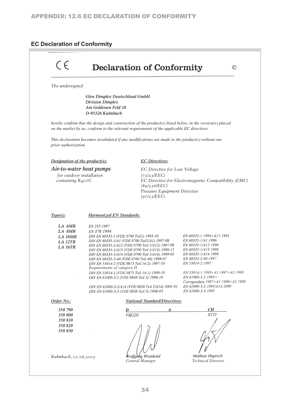 Declaration of conformity, Air-to-water heat pumps | Dimplex LA 16TR User Manual | Page 34 / 36