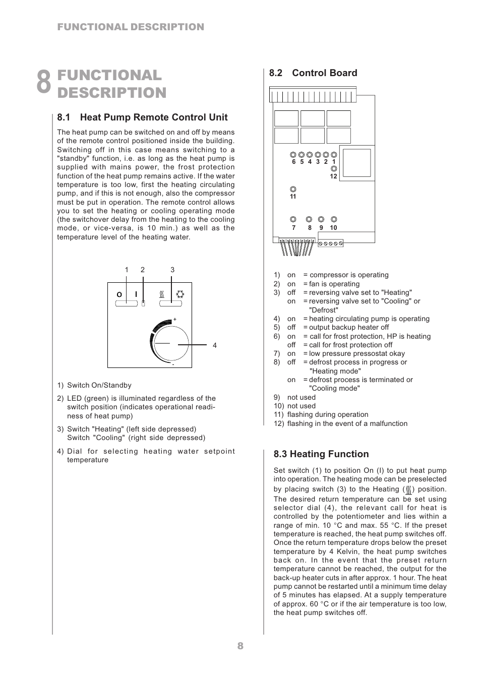 Functional description, 8functional description, 1 heat pump remote control unit | 3 heating function, 2 control board | Dimplex LA 16TR User Manual | Page 8 / 36