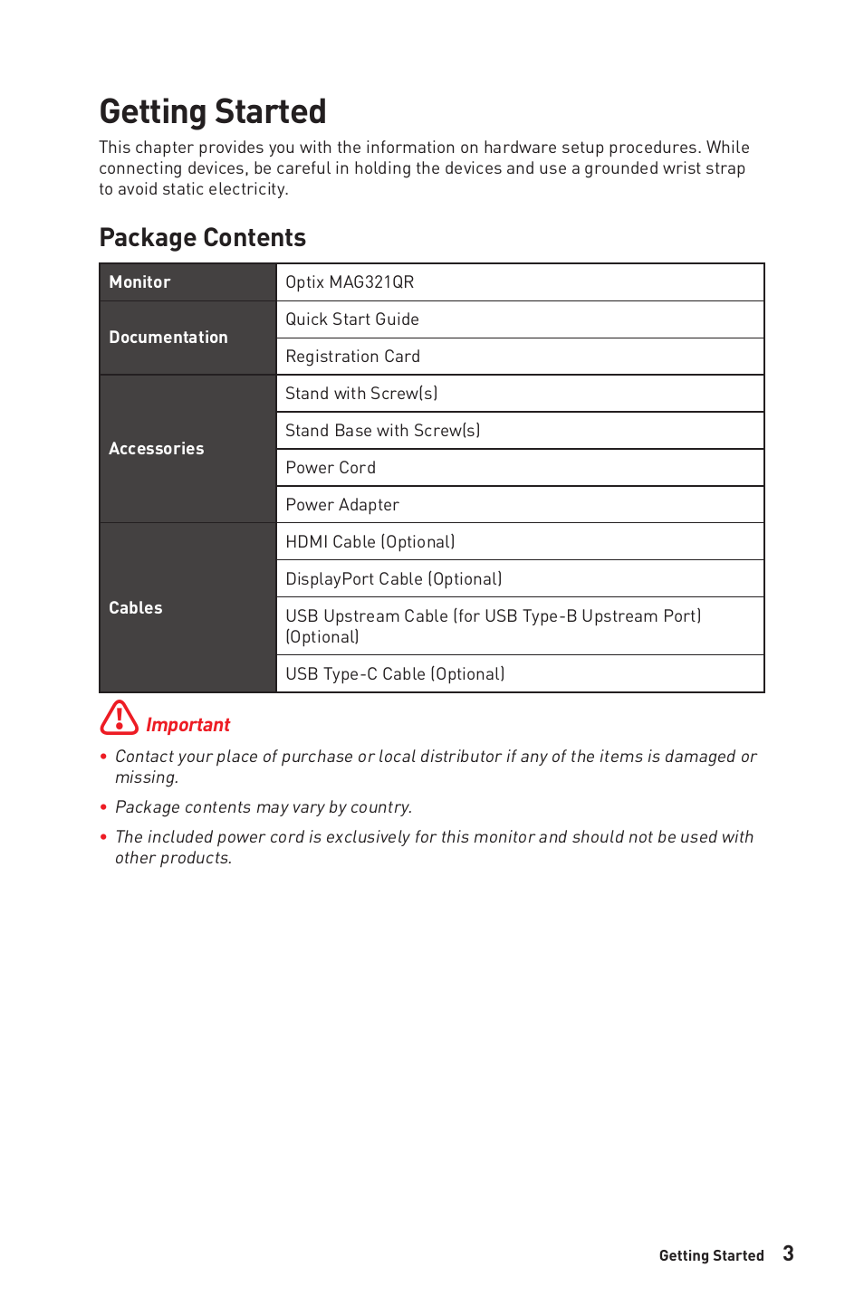 Getting started, Package contents | MSI Optix MAG321QR 31.5" 16:9 165 Hz IPS Gaming Monitor User Manual | Page 3 / 27