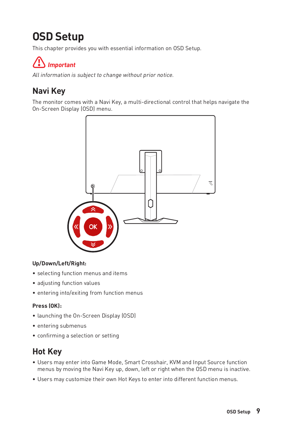 Osd setup, Navi key, Hot key | Navi key hot key | MSI Optix MAG321QR 31.5" 16:9 165 Hz IPS Gaming Monitor User Manual | Page 9 / 27