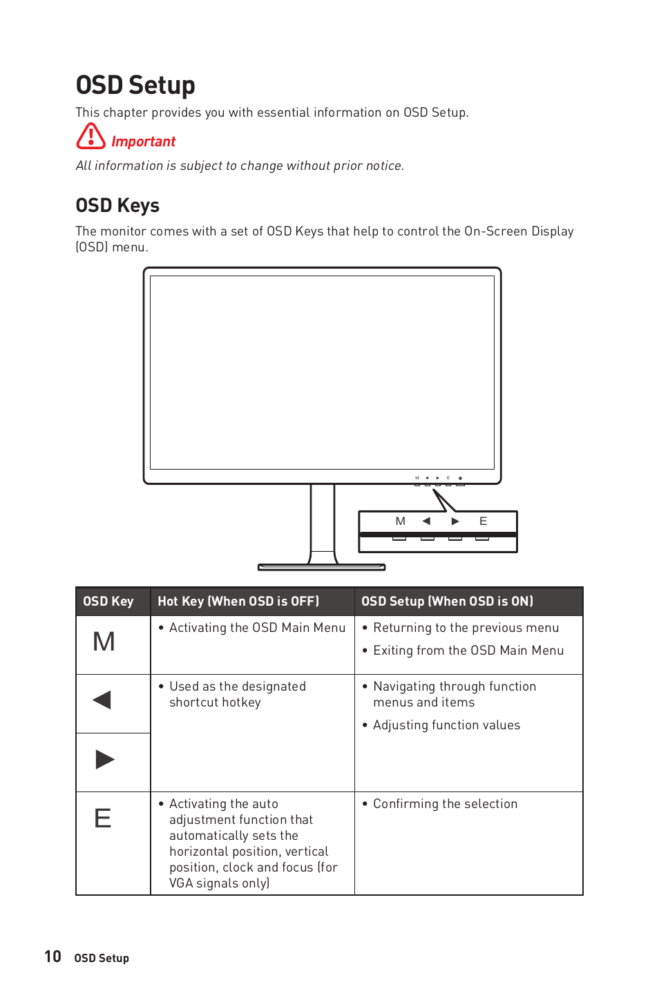 Osd setup, Osd keys | MSI Modern MD241P Ultramarine 23.8" 16:9 IPS Monitor (Blue) User Manual | Page 10 / 24