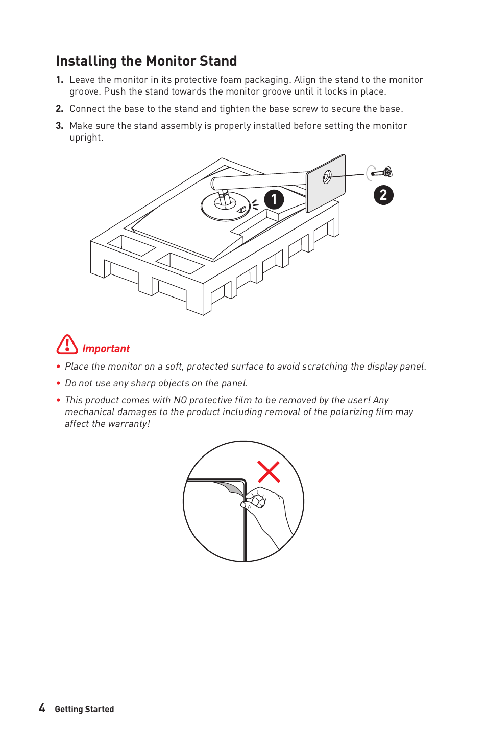 Installing the monitor stand | MSI Modern MD241P Ultramarine 23.8" 16:9 IPS Monitor (Blue) User Manual | Page 4 / 24