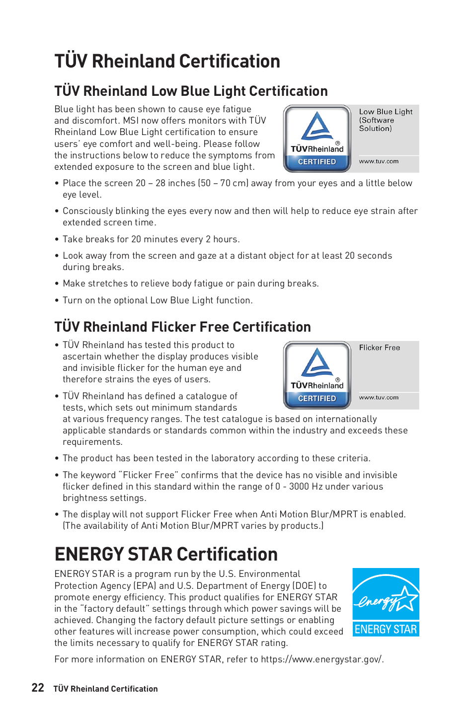 Tüv rheinland certification, Energy star certification, Tüv rheinland low blue light certification | Tüv rheinland flicker free certification | MSI Modern MD271UL 27" 4K Monitor (Iron Gray) User Manual | Page 22 / 25