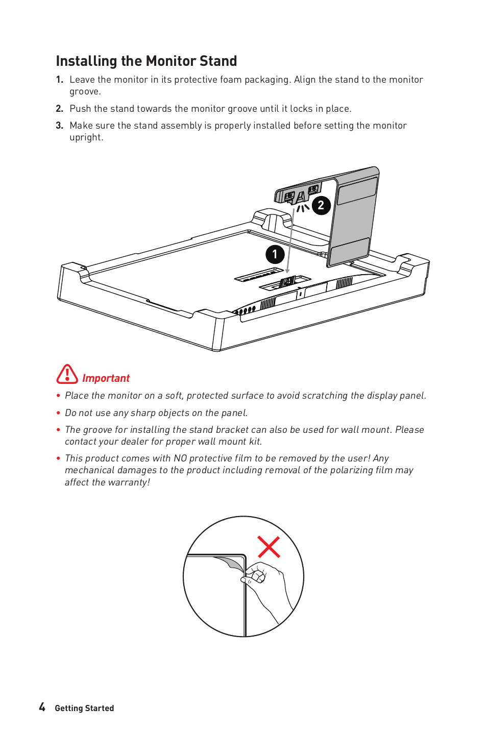 Installing the monitor stand | MSI Modern MD271UL 27" 4K Monitor (Iron Gray) User Manual | Page 4 / 25