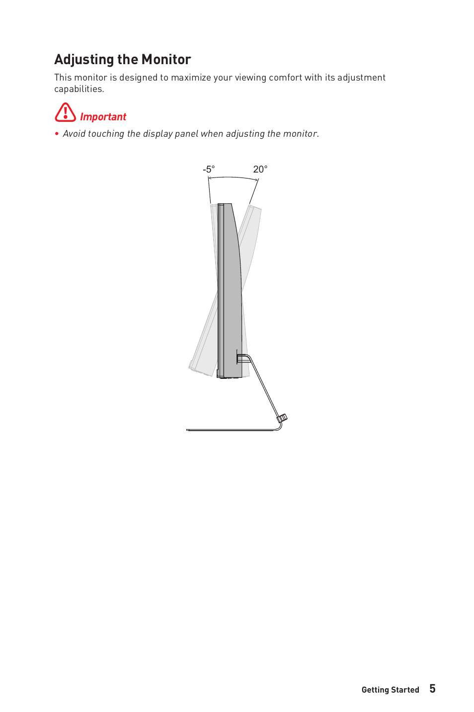 Adjusting the monitor | MSI Modern MD271UL 27" 4K Monitor (Iron Gray) User Manual | Page 5 / 25