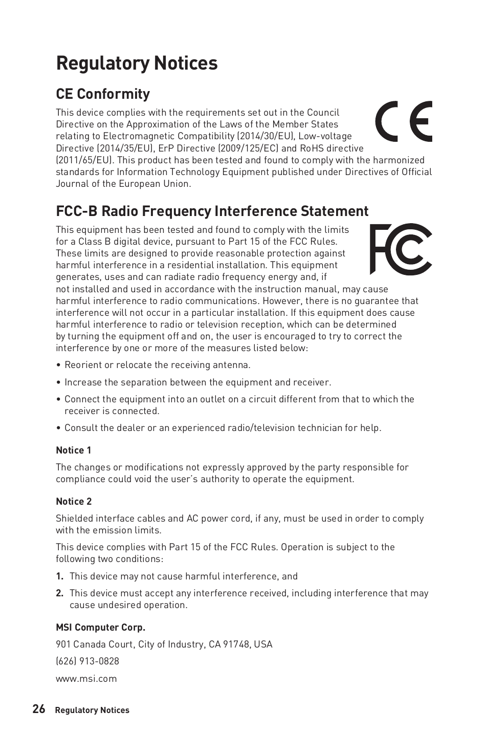 Regulatory notices, Ce conformity, Fcc-b radio frequency interference statement | MSI Optix G274QRFW 27" 1440p HDR 170 Hz Gaming Monitor (White) User Manual | Page 26 / 28