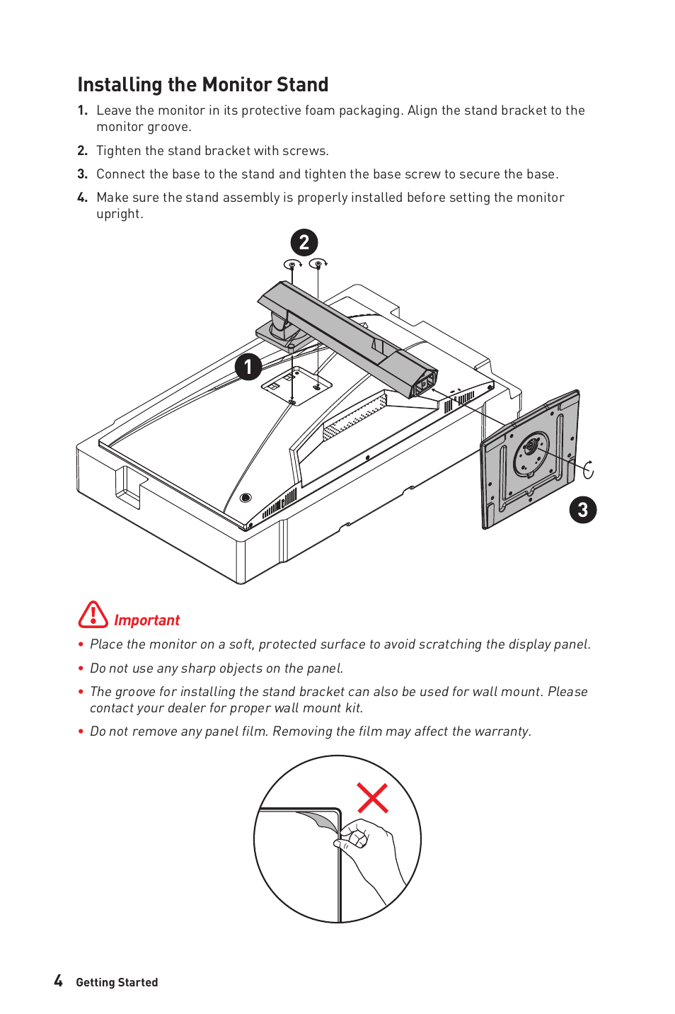 Installing the monitor stand | MSI Optix G274QRFW 27" 1440p HDR 170 Hz Gaming Monitor (White) User Manual | Page 4 / 28