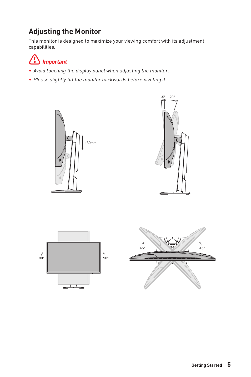 Adjusting the monitor | MSI Optix G274QRFW 27" 1440p HDR 170 Hz Gaming Monitor (White) User Manual | Page 5 / 28