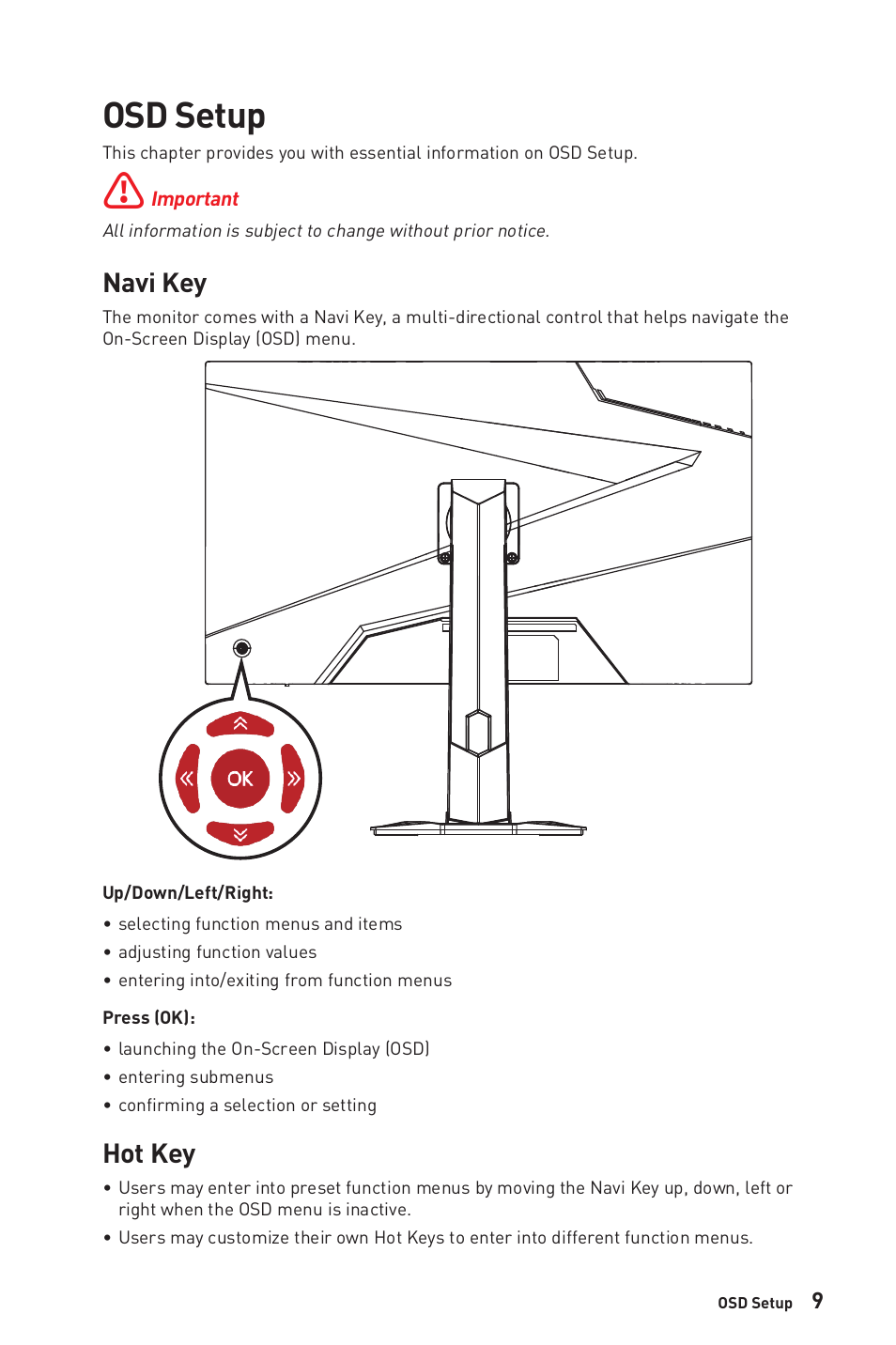 Osd setup, Navi key, Hot key | Navi key hot key | MSI Optix G274QRFW 27" 1440p HDR 170 Hz Gaming Monitor (White) User Manual | Page 9 / 28