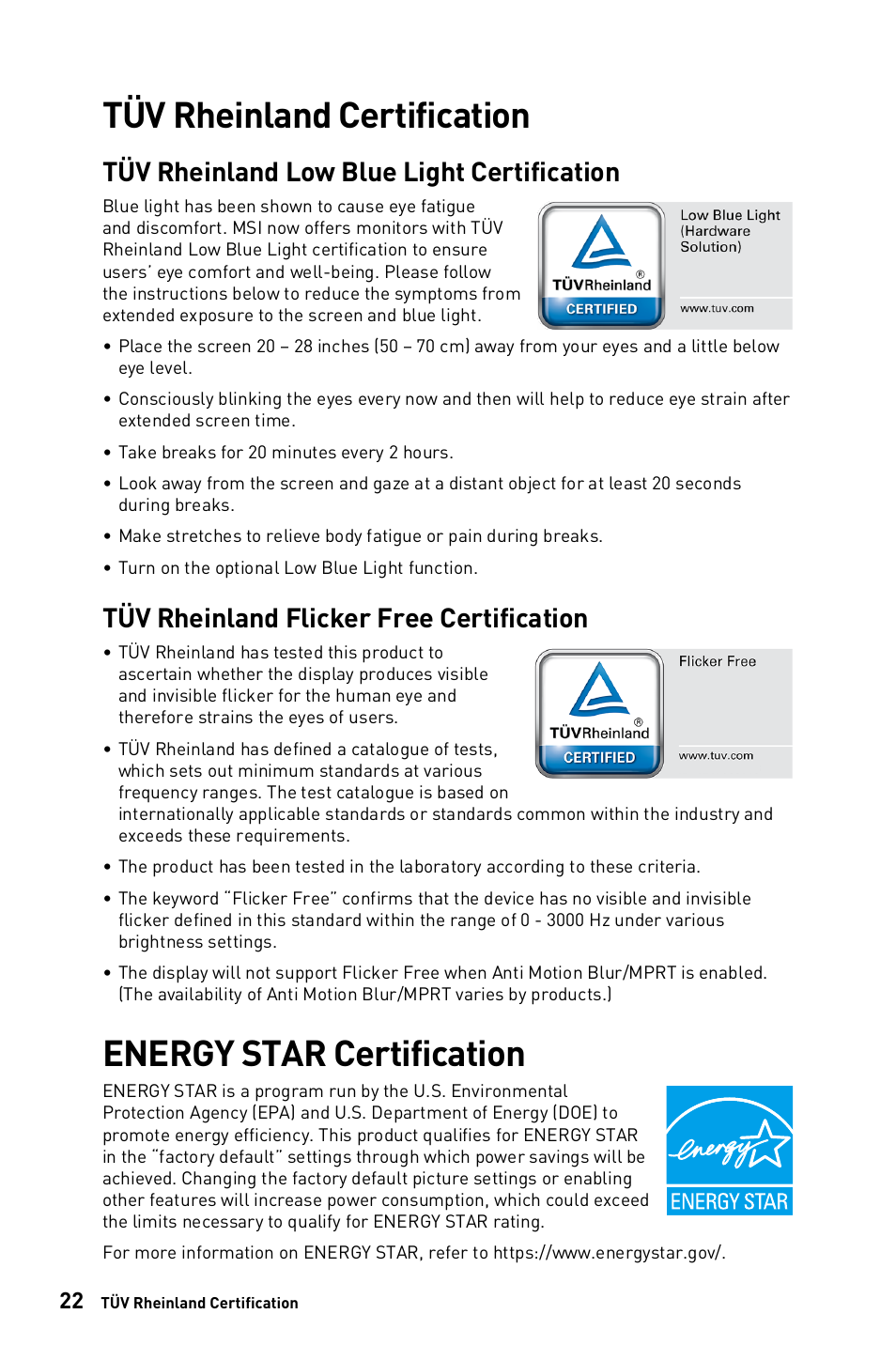 Tüv rheinland certification, Energy star certification, Tüv rheinland low blue light certification | Tüv rheinland flicker free certification | MSI PRO MP243W 23.8" Monitor (White) User Manual | Page 22 / 25