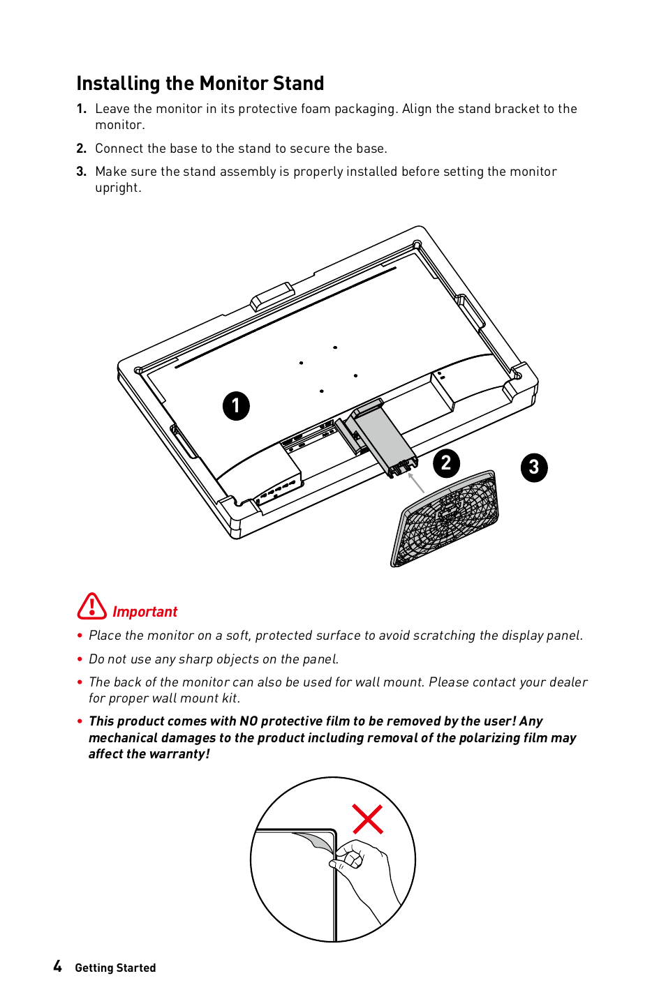 Installing the monitor stand | MSI PRO MP243W 23.8" Monitor (White) User Manual | Page 4 / 25