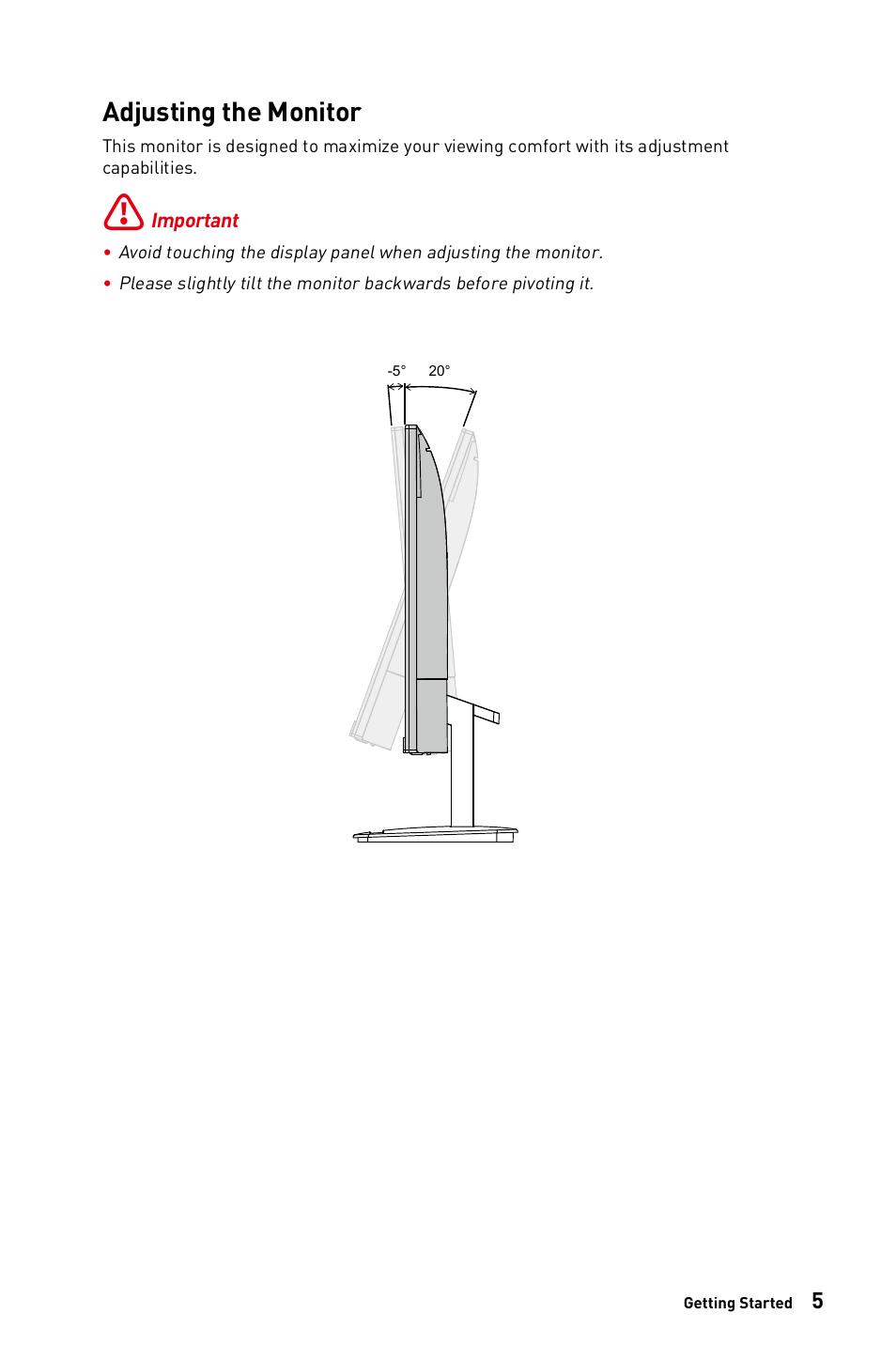 Adjusting the monitor | MSI PRO MP243W 23.8" Monitor (White) User Manual | Page 5 / 25