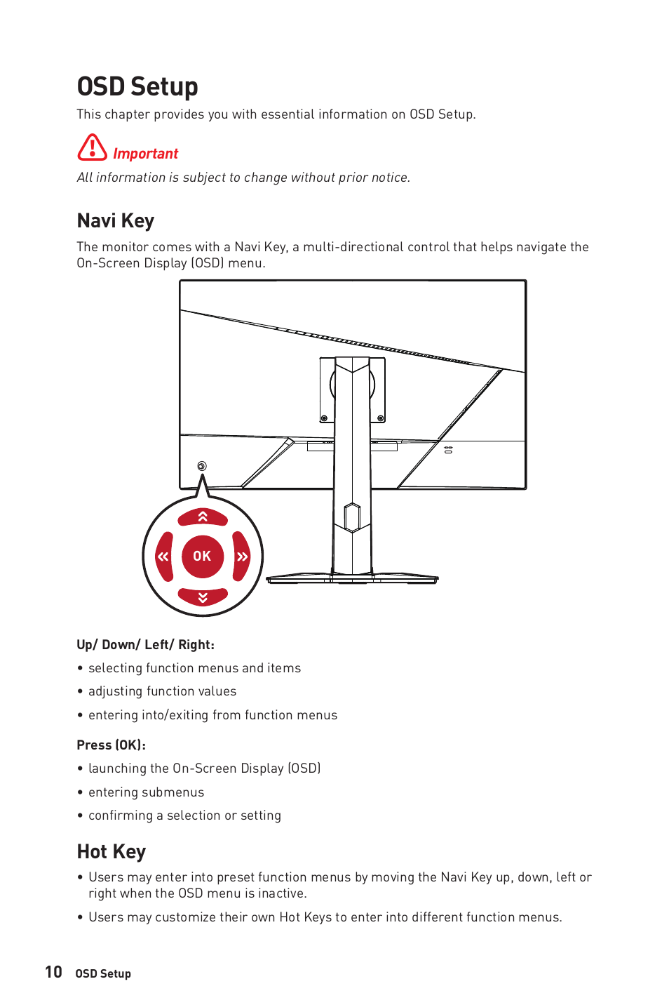 Osd setup, Navi key, Hot key | Navi key hot key | MSI G272QPF 27" 1440p 170 Hz Gaming Monitor User Manual | Page 10 / 28