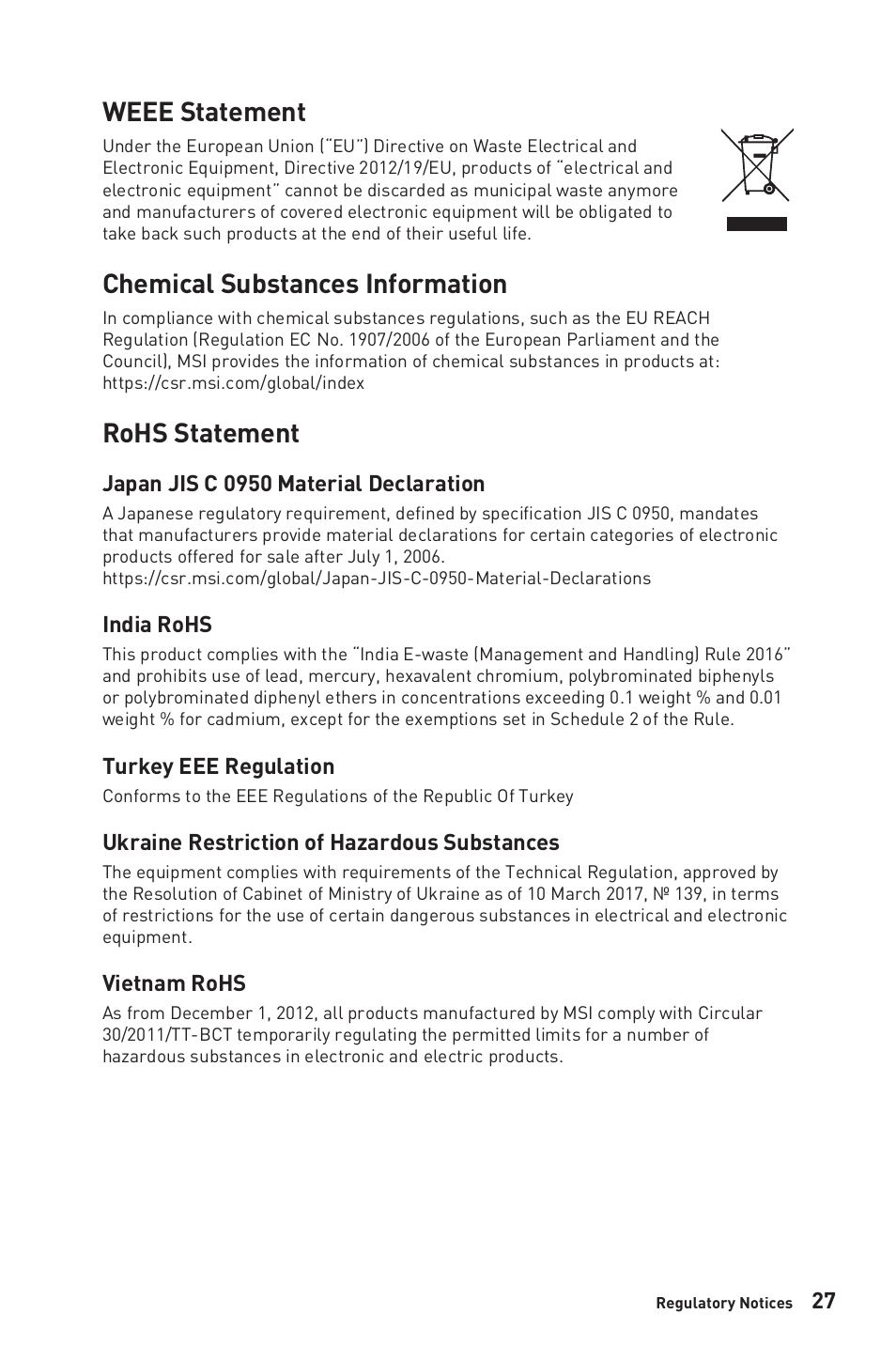 Weee statement, Chemical substances information, Rohs statement | Japan jis c 0950 material declaration, India rohs, Turkey eee regulation, Ukraine restriction of hazardous substances, Vietnam rohs | MSI G272QPF 27" 1440p 170 Hz Gaming Monitor User Manual | Page 27 / 28