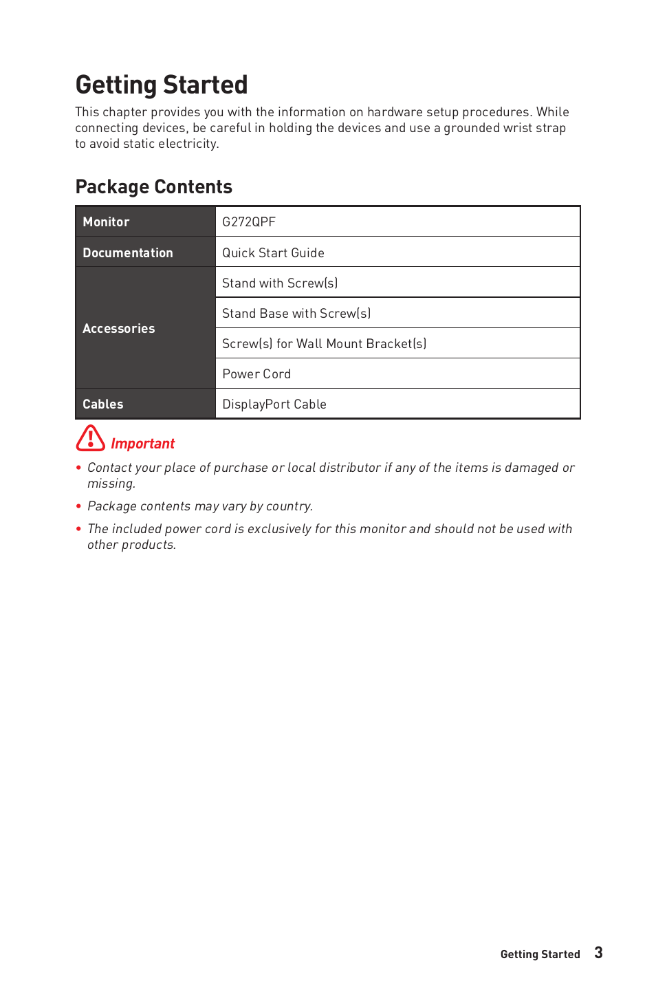 Getting started, Package contents | MSI G272QPF 27" 1440p 170 Hz Gaming Monitor User Manual | Page 3 / 28