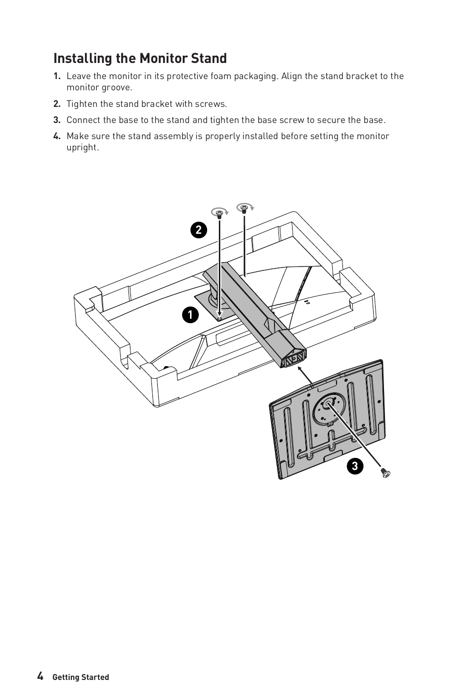 Installing the monitor stand | MSI G272QPF 27" 1440p 170 Hz Gaming Monitor User Manual | Page 4 / 28