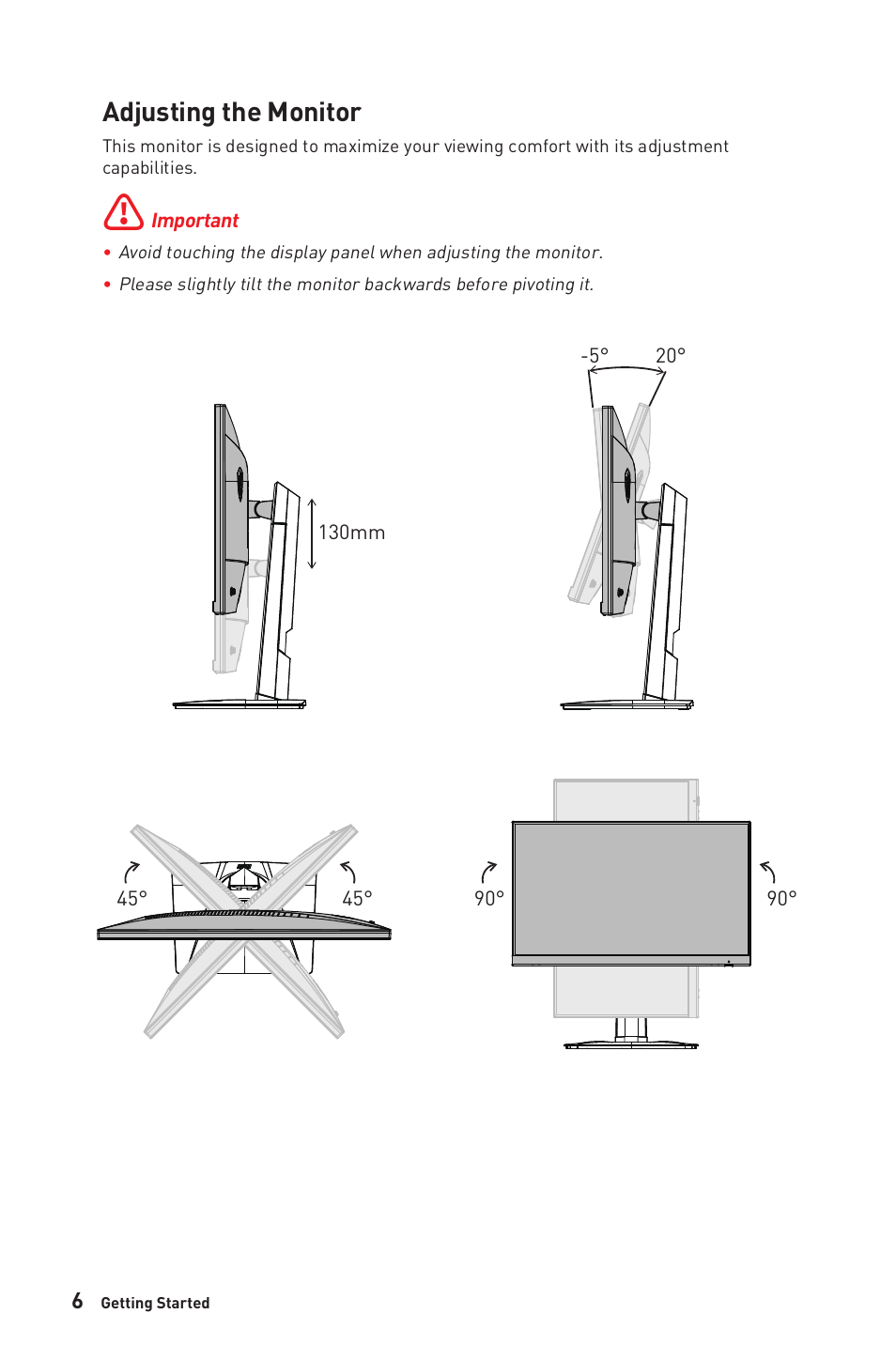 Adjusting the monitor | MSI G272QPF 27" 1440p 170 Hz Gaming Monitor User Manual | Page 6 / 28