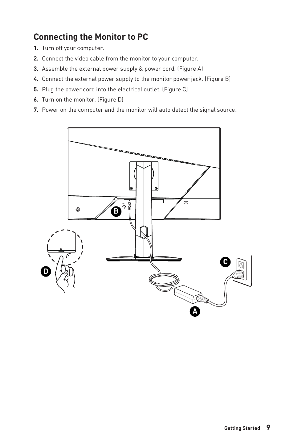 Connecting the monitor to pc, Ab c d | MSI G272QPF 27" 1440p 170 Hz Gaming Monitor User Manual | Page 9 / 28