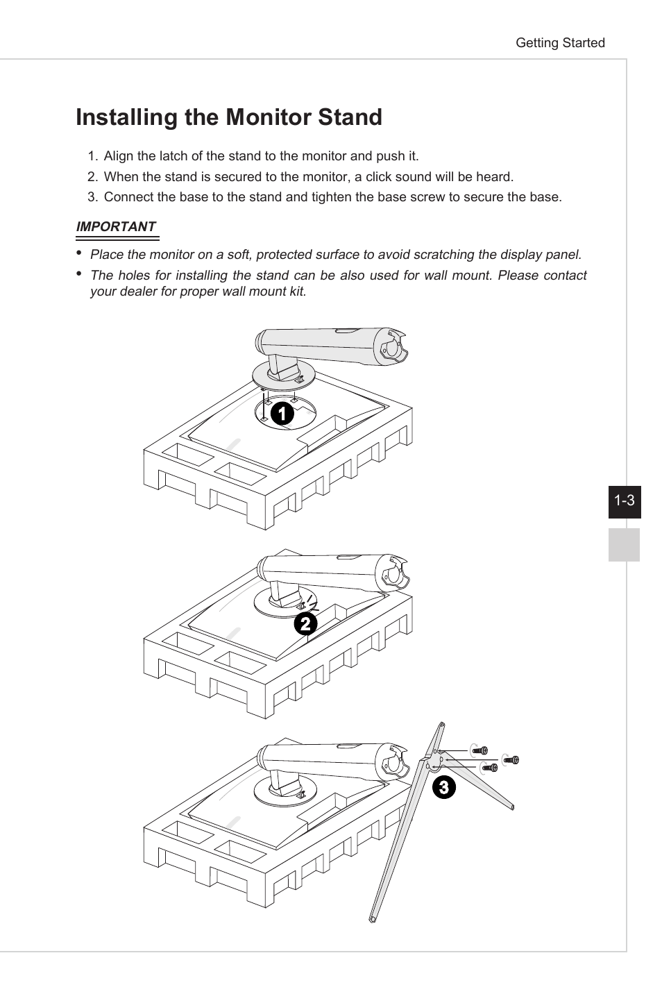 Installing the monitor stand | MSI Optix MAG301CR2 29.5" 21:9 Curved Ultrawide 200 Hz HDR Ready VA Gaming Monitor User Manual | Page 11 / 31