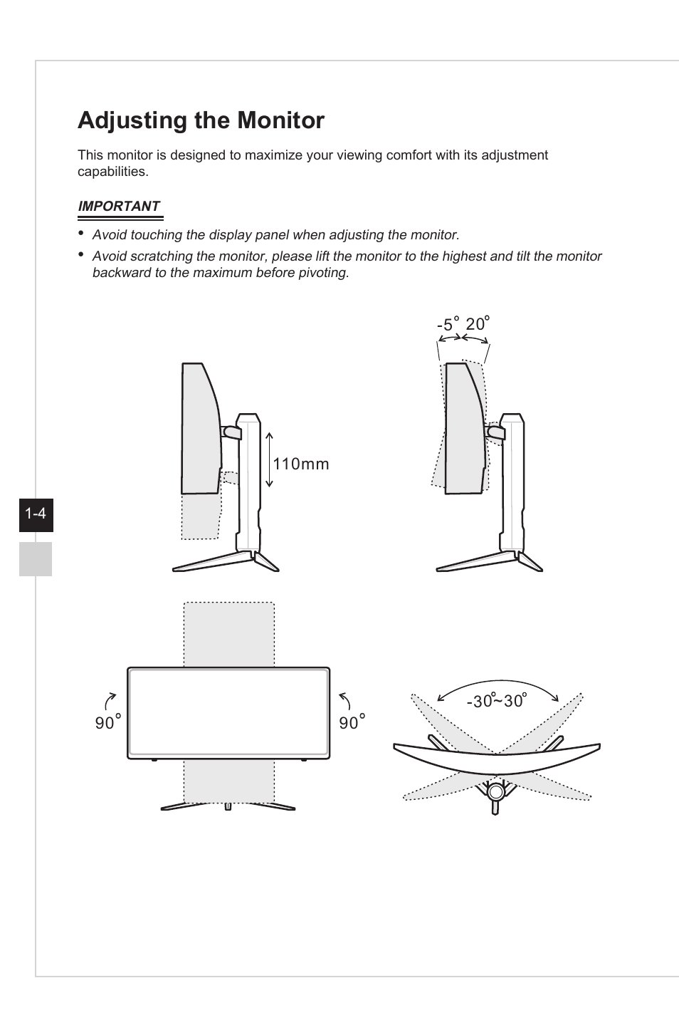 Adjusting the monitor, 110mm -5 | MSI Optix MAG301CR2 29.5" 21:9 Curved Ultrawide 200 Hz HDR Ready VA Gaming Monitor User Manual | Page 12 / 31