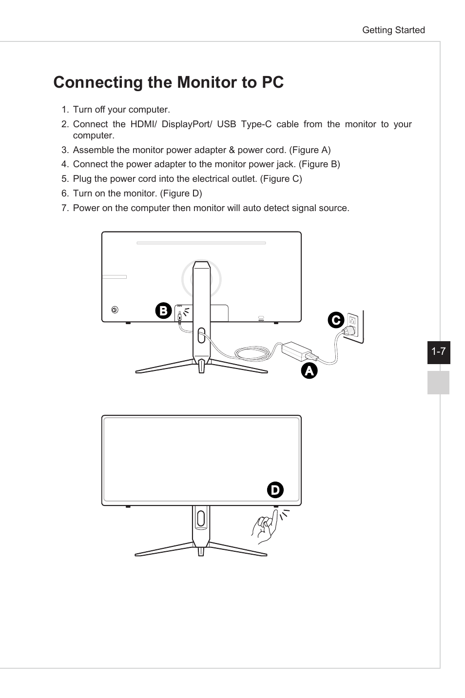 Connecting the monitor to pc | MSI Optix MAG301CR2 29.5" 21:9 Curved Ultrawide 200 Hz HDR Ready VA Gaming Monitor User Manual | Page 15 / 31