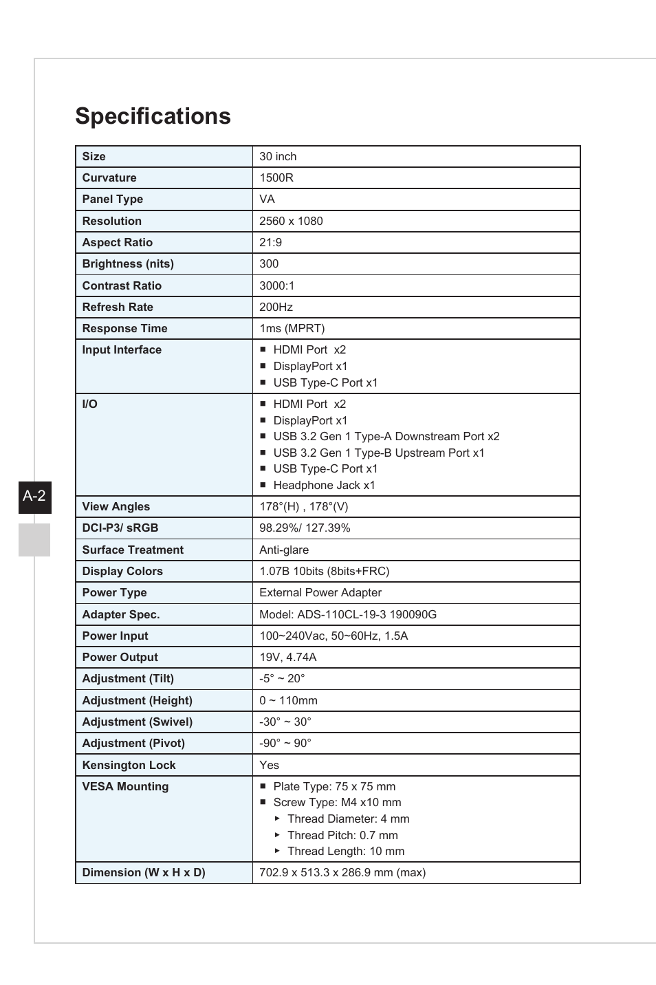 Specifications, A-3 a-2 | MSI Optix MAG301CR2 29.5" 21:9 Curved Ultrawide 200 Hz HDR Ready VA Gaming Monitor User Manual | Page 28 / 31