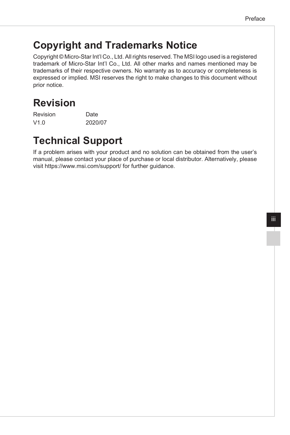 Copyright and trademarks notice, Revision, Technical support | MSI Optix MAG301CR2 29.5" 21:9 Curved Ultrawide 200 Hz HDR Ready VA Gaming Monitor User Manual | Page 3 / 31