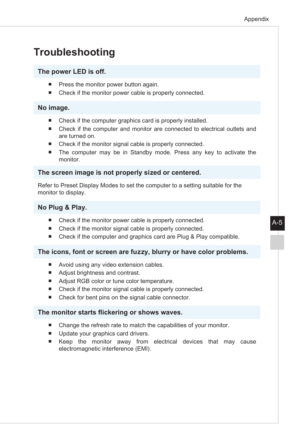 Troubleshooting | MSI Optix MAG301CR2 29.5" 21:9 Curved Ultrawide 200 Hz HDR Ready VA Gaming Monitor User Manual | Page 31 / 31