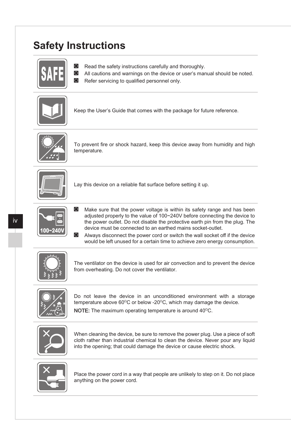 Safety instructions | MSI Optix MAG301CR2 29.5" 21:9 Curved Ultrawide 200 Hz HDR Ready VA Gaming Monitor User Manual | Page 4 / 31